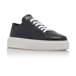 Prada Woman's Minimal Black Leather Sneakers - Brand New